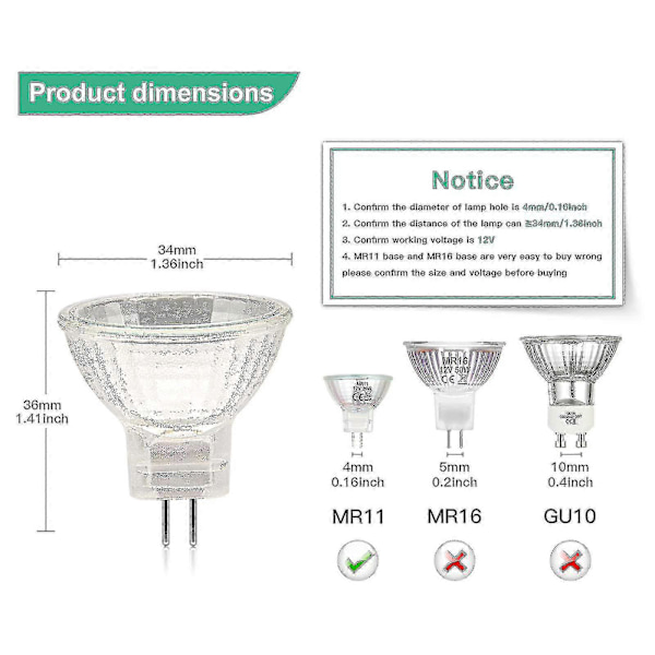 Mr11 Halogenpærer (pakke med 12), Gu4 Halogenlampe 12v 20w, Mr11 Gu4 Dimbar Pære Glassdeksel For Taklampe, 2-polet Halogenpære 2700k Varmt Hvit