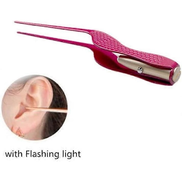 LED Ficklampa Öronpincett Spetsiga Pincetter Multifunktionella Pincetter med Blinkande Ljus Pincett Rosröd (LGL)
