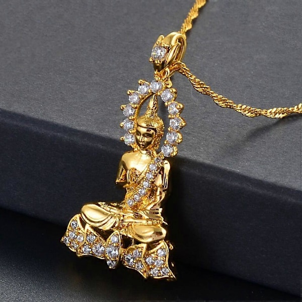 Anniyo Kambodsjansk Hage Buddha Buddhistisk Hengesmykke med Kubisk Zirkonia Smykker ThailandVietnamLaos #048004 (LGL) Gold Color 45cm Thin Chain