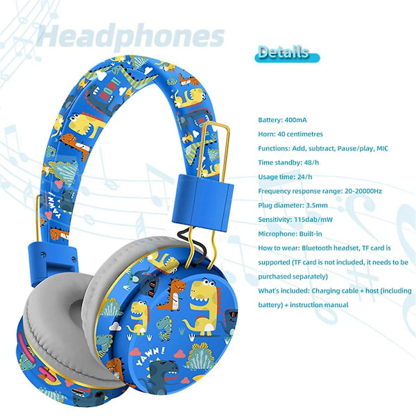Langaton Bluetooth-kuuloke mikrofonilla, dinosaurus, eläin, stereo, musiikki, kuulokkeet, Tf-kortti, kuulokkeet lapsille - pinkki