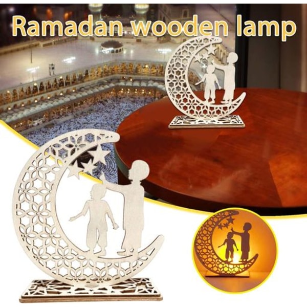 LED-lampe med måne og stjerne i tre, Måne- og stjernegardinlys Ramadan-lys (LGL)
