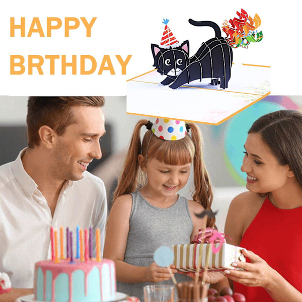 3D Pop-UP Grattiskort med Kuvert för Födelsedag - Glad Fødselsdag - Svart Katt (LGL)