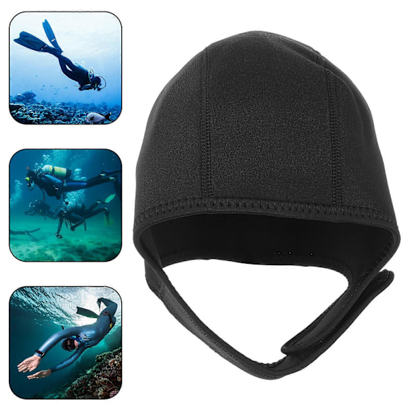Justerbar Dykkerhette Voksen Varm Svømmehette Dykking Snorkling Beskyttende Hatt for Varme LGL Black 28x24cm