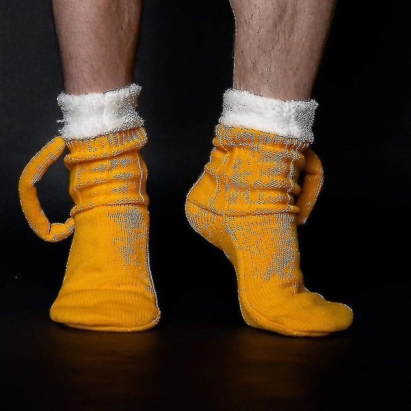 3D-ölmuggsockor Söta Unisex Roliga Nyhet Gula Stickade Sockor Vinter Varma Tjocka Golvsockor För Män 1pair