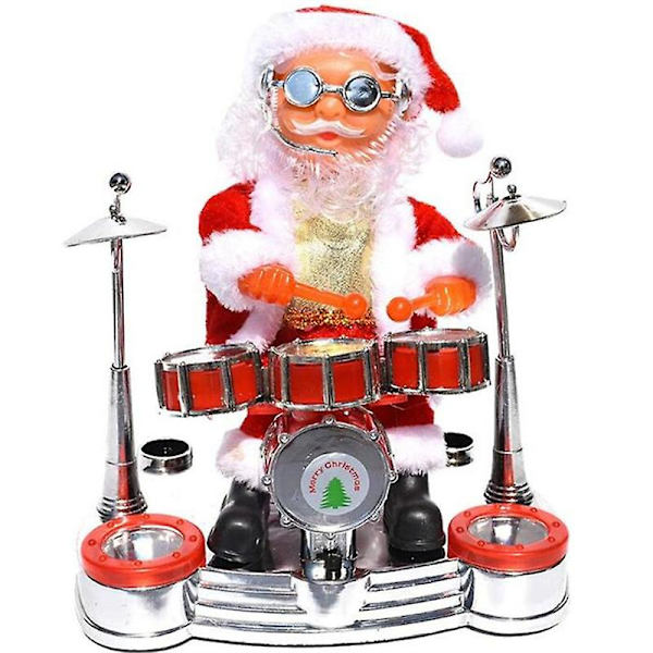 Dansende og syngende julemand, der spiller tromme, juledukke, musikalsk, bevægelig figur, batteridrevet dekoration Shelf drum