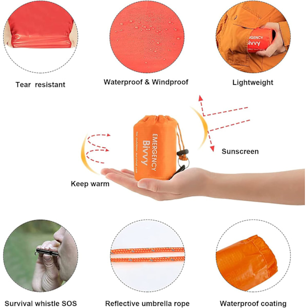 Nødbivuak for overlevelse, førstehjelpsteppe, overlevelsespose, bivuakpose, overlevelsesteppe for utendørs sikkerhet, telt, ultralett, motstandsdyktig beskyttelse [L] 2 stk. 2 pcs