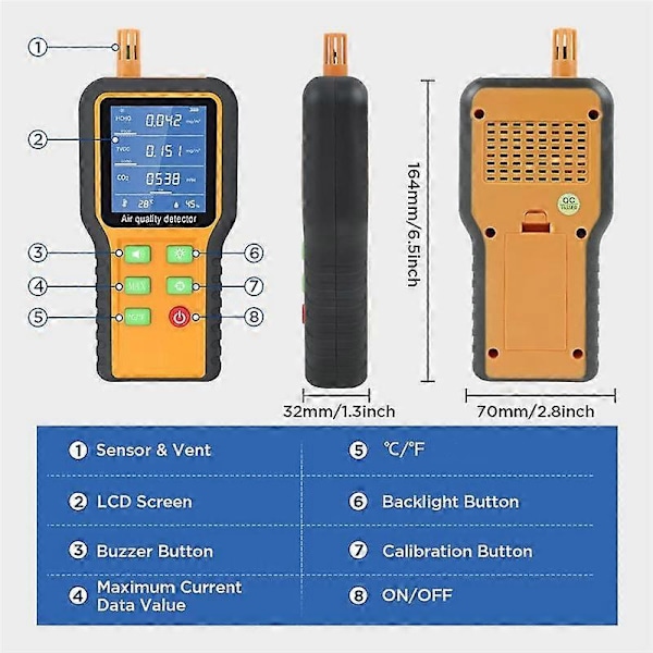 Luftkvalitetsmåler CO2-måler Formaldehyddetektor TVOC/Temp./Fuktighet Innendørs med Summer LGL As Shown