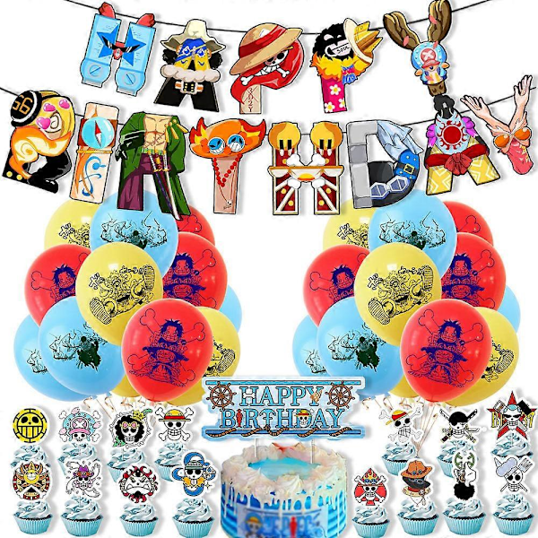 One Piece -syntymäpäiväkoristeet - kallolippu, kakkulippu, lippurivi, ilmapallokombo, syntymäpäiväkoristeet style A