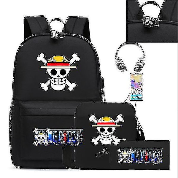3 st/set Anime One Piece USB Anti-stöldlås Pojkar och flickors ryggsäck Ungdom Student Skolväska Fritids Resa Ryggsäck Hög kvalitet