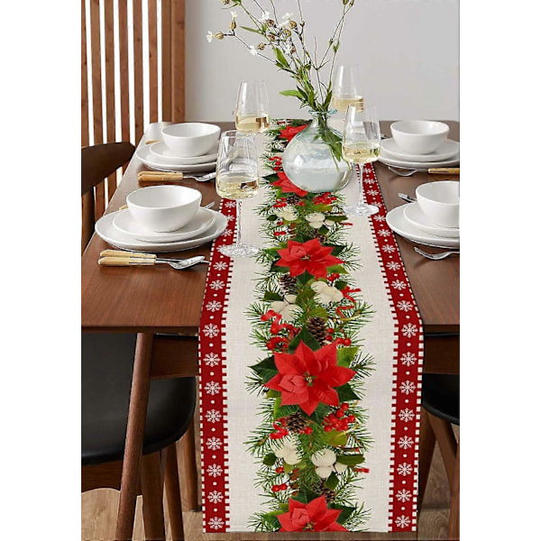 Rød juledug i landlig stil, tørklæder, spisebordsdug med snefnug og julestjerner, 33 x 183 cm (LGL)