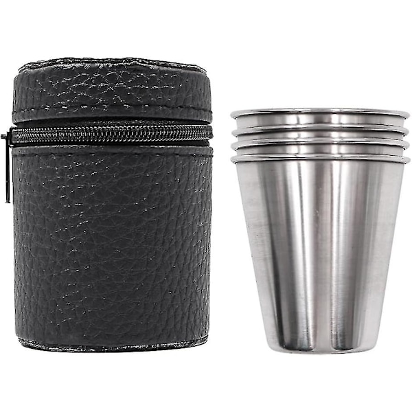 Set med 4 rostfria shotglas 70 ml, bärbara vinglas, drickskärl med läderfodral - q36 [kk]