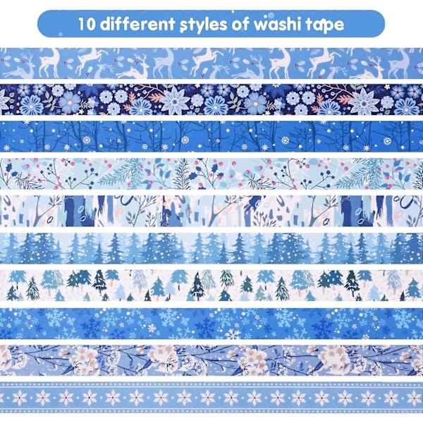 10 Rullar Jul Washi Tejp Set, Dekorativ Washi Tejp med Flera Mönster i Blått för DIY Hantverk, Festivalpresentinslagning (LGL)
