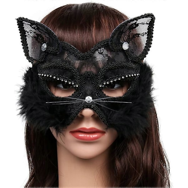 Halloween Maskerad Sexig Spets Kattmask för Kvinnor (Svart) 1 Styck LGL