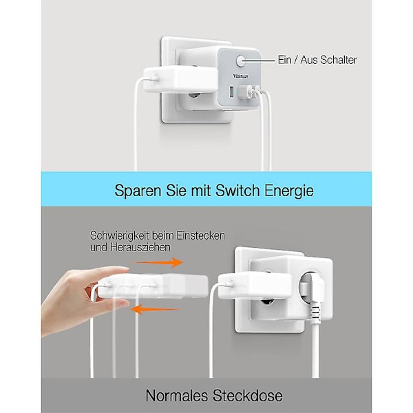 Stikkontakt uden kabel, stikkontakt med 3 USB, multistikkontakt uden kabel, 3-vejs multistik, stikkontaktadapter til kontor, hjem, [GGL] White