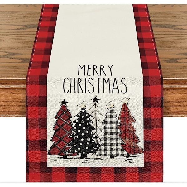 Akvarel Rød og Sort Buffalo Plaid Juletræer Glædelig Jul Bordløber, Sæsonbestemt Vinter 13 x 72 Tommer - Flerfarvet/Rød (LGL)
