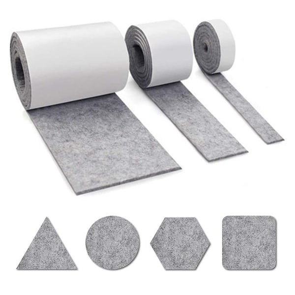 Grå 3 rullar självhäftande filt för möbler (100 cm * 10 cm + 100 cm * 5 cm + 100 cm * 2 cm) Klipp valfri form, starkt självhäftande glidmattetejp, för stol