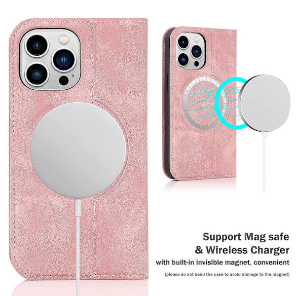 Plånboksfodral för iPhone 15 Pro Max 6,7 tum Kompatibel med Magsafe-laddare, Magnetiskt Flip Folio PU Läder Telefonskal Stötsäkert Skydd, Rosa (LGL)