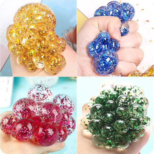 Klemball med nett, pakke med 4 squishy nettingball, klemball i nett, glitter, stressball fidget leketøy, antistress leke, for barn og voksne[GL]