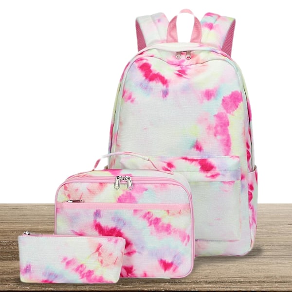 Trepuntig ryggsäck | Tie-dye-tryckt ryggsäck för flickor barn | Skolryggsäck med lunchlåda förskolebarn Kindergarten Bookbag Set [L] B