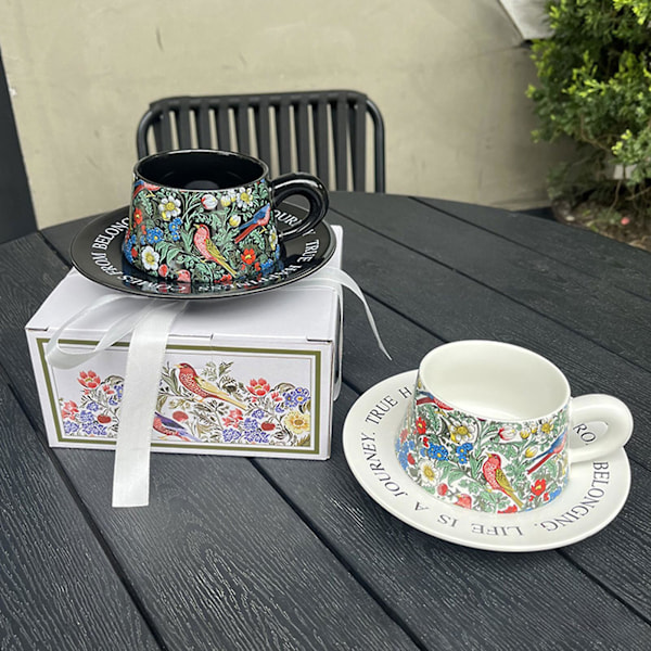 Teekuppi ja aluslautanen -setti Vintage käsinmaalattu kukka- ja lintukuvioinen teekuppisetti kotiin, juhliin, uudelleenkäytettävä, elegantti, koristeellinen, kestävä aamuteekuppisetti LGL Black