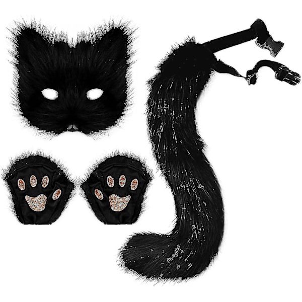 Faux Fur Rævehale Kat Ulv Cosplay Kostumesæt Plys Maske Fluffy Potehandsker Halloween Jul LGL Black