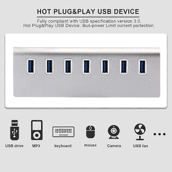Herfair 7 Port USB 3.0 Hubb - Höghastighetsdataöverföring - 4 USB-portar - USB-splitter (7 portar) (LGL)