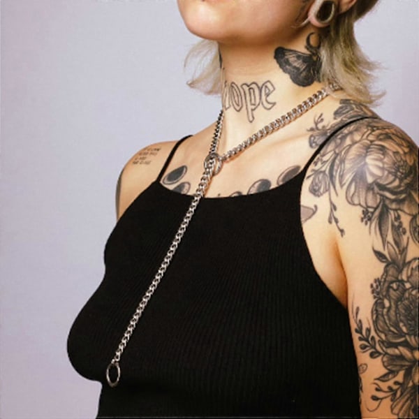Halsband med hjärtformad O-ring och glidkedja för kvinnor, kubansk kedja i rostfritt stål med hjärta, punkrock-halsband, handgjort justerbart lariat Y LGL Silver Ring