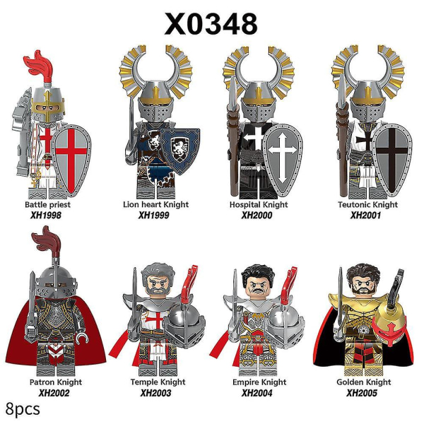 8 stk/sett Middelaldersk ridder Actionfigurer Byggeklosser Kamp Prest Patron Ridder Montering Minifigurer Samleleker Barn Fans Gaver[GL]