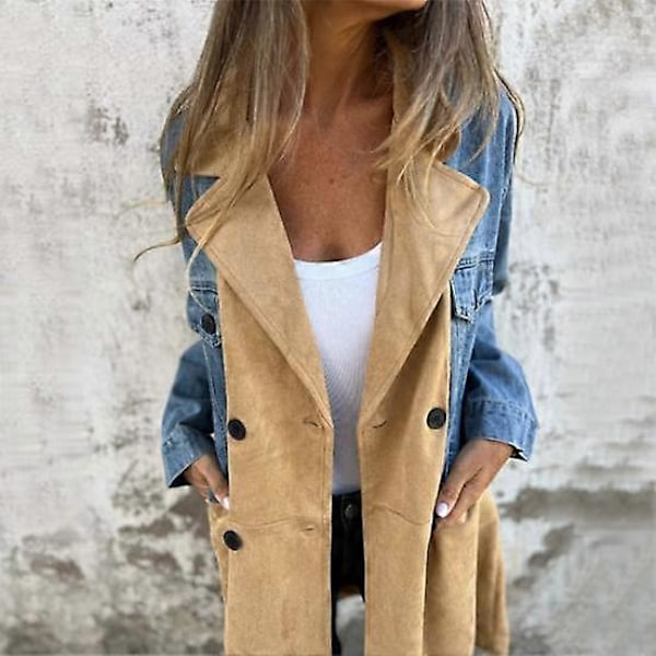 Dam Vår Höst Kappa Jeansjacka Överrock Patchwork Dubbelknäppt med Fickor Färgblock Mellanlång Dam Överrock LGL black L