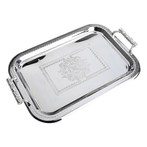 Nordisk Serveringsbricka i Rostfritt Stål med Handtag Elegant Rektangulär Kaffe Bar Mat Hållare Dessert Display Tallrik Dekor LGL Silver S