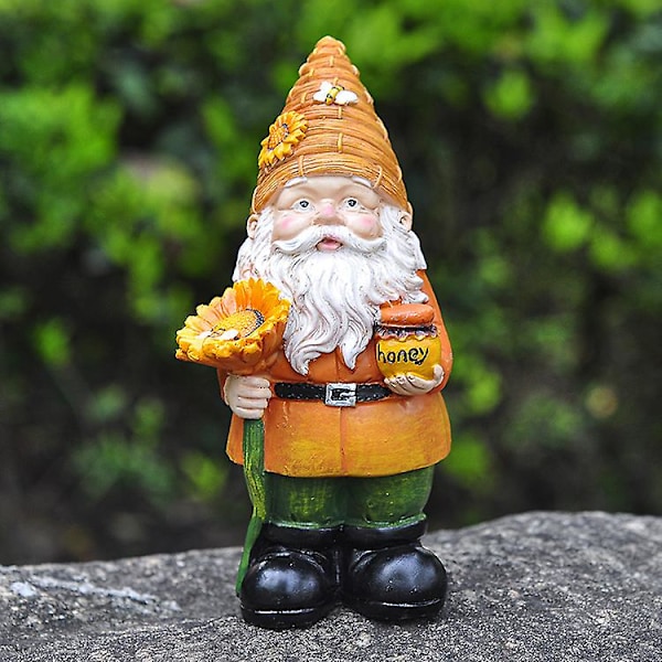 1 stk. Gnome Utendørs Hagestatue Resin Hageskulptur Vanntett Hagefigur for Dekorasjon (Bieholder med Solsikke, 7,5x7x15,5cm) (LGL)