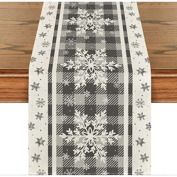 Grå Buffalo Plaid Snefnug Juledug, Sæsonbestemt Vinter Køkken Spisebord Dekoration 33x183 cm (LGL)