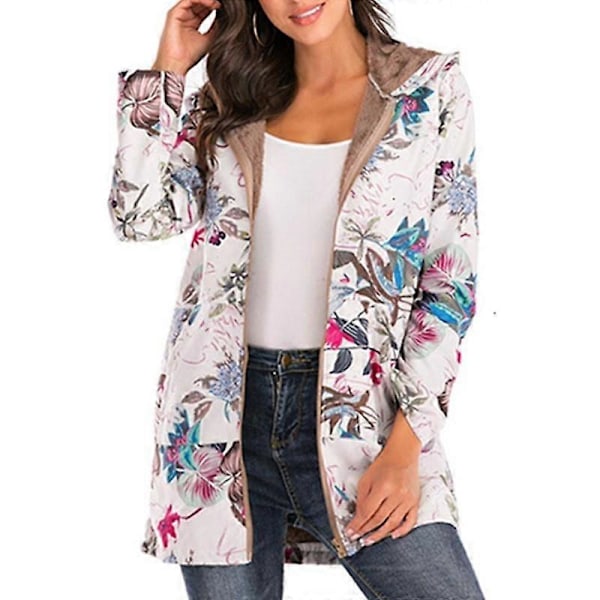 Afslappet Dame Varm Lomme Hættetrøje Langærmet Lynlås Vintage Frakker Blomster Fleece Jakke LGL navy blue L