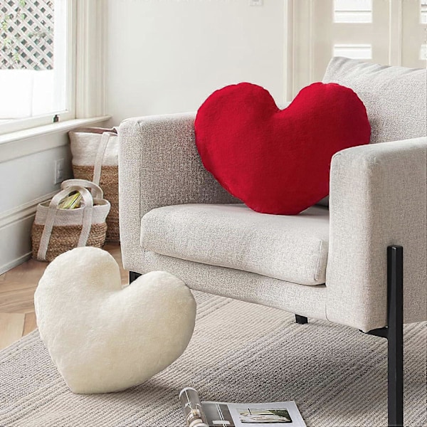 Röda hjärtformade prydnadskuddar, Faux Fur Kanin 3D Fluffig Hjärta Dekorativ, Plysch Mjuka Prydnadskuddar Present till Barn Vardagsrum och Soffa LGL