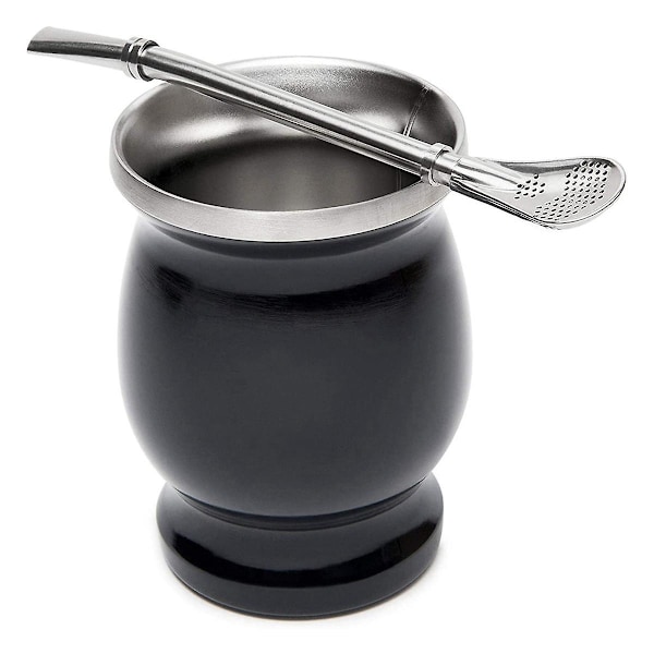 Yerba Mate Sæt Dobbeltvægget Rustfri Tekop og Bombilla 237 ml Bombillas Yerba Mate Sugerør - Bla [GGL] Black