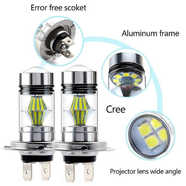 H7 2-pak 12V 100W Super Bright LED Kørelys Pære 6000K 1000lm (LGL)