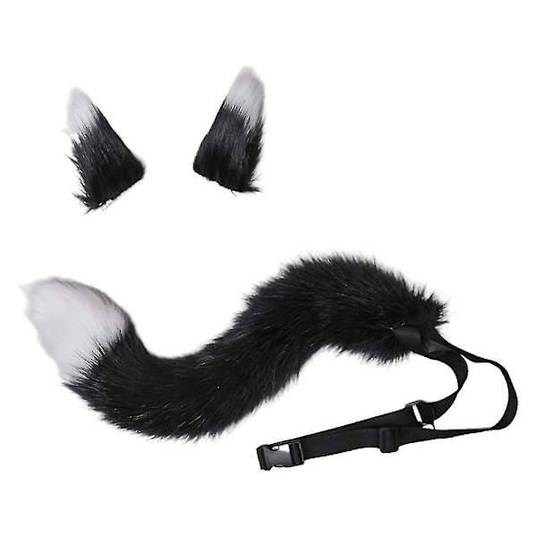 Fuskpäls Katt Räv Varg Pälsig Svans Och Clip Öron För Halloweenfest Kostymtillbehör Varg LGL black White