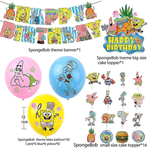 Spongebob Fyrkant Teman Barn Söta Födelsedagsfest Baby Shower Tillbehör Kit Banner Ballonger Tårta Cupcake Toppers Dekorationer Set