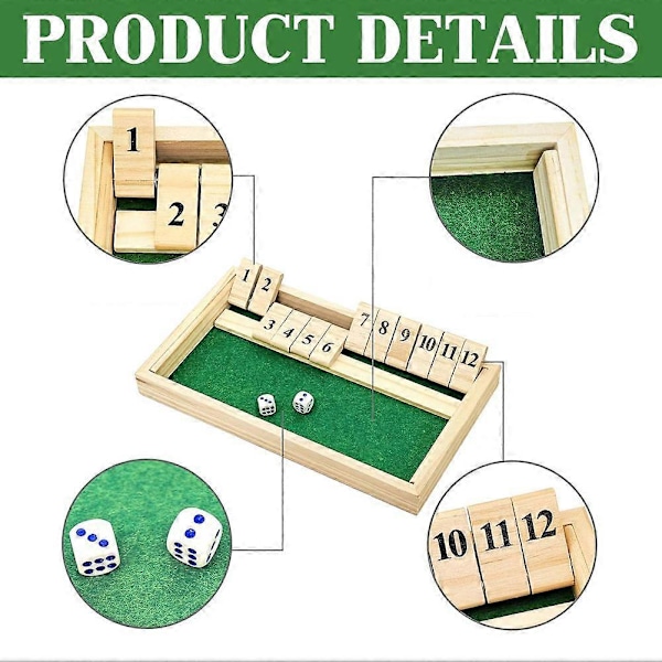 Shut The Box Spil, Træ Matematik Terningespil til Børn & Voksne, 12 Tal, 2 Terninger, 2+ Spillere, Sjovt til Spilaften & Rejser LGL Large