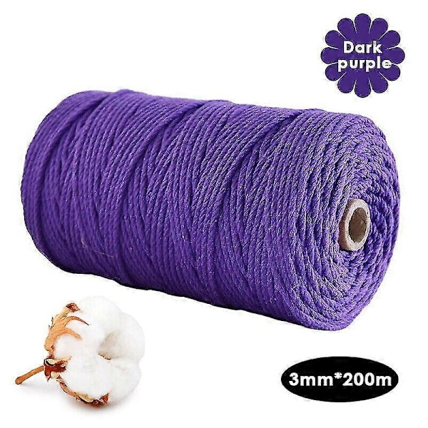 3mm X 200m Luonnonpuuvilla Kierretty Naru Askartelu Makramee Käsityöläisköysi Punottu LGL Dark Purple