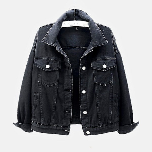 Dame Forår og Efterår Frakker Varm Ensfarvet Langærmet Denim Jakke Overtøj LGL Black XL