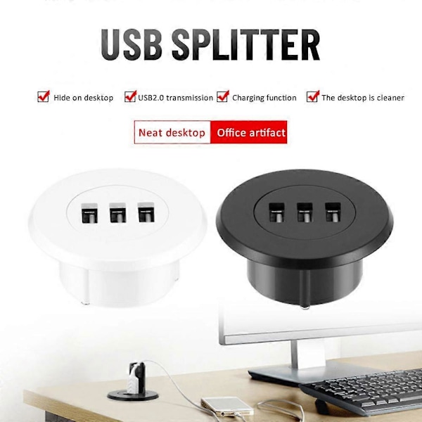 3-i-1 USB 2.0 Hub Skrivbordsinbäddad HUB Hub Datorskrivbord En Drag Tre Splitter Vit USB2.0 Läsa Datalinje Splitter LGL Style A