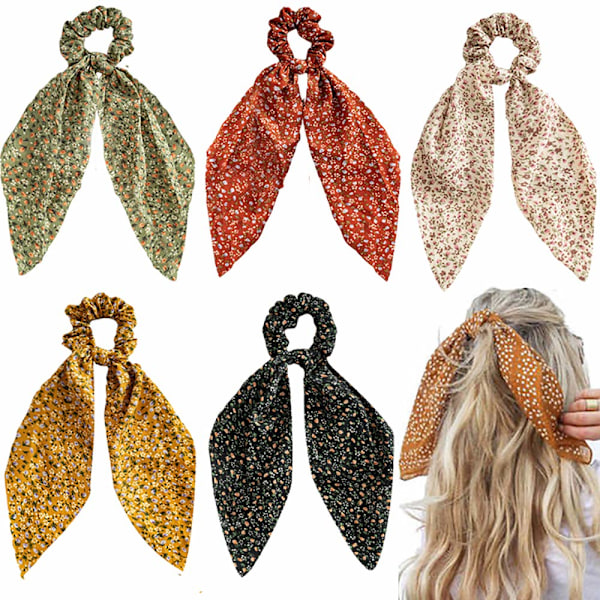 5 stk. blomstrete hårbånd med sløyfe for kvinner og jenter, sløyfe til hår, hårbånd med sløyfe, chiffon blomstrete scrunchies (LGL)