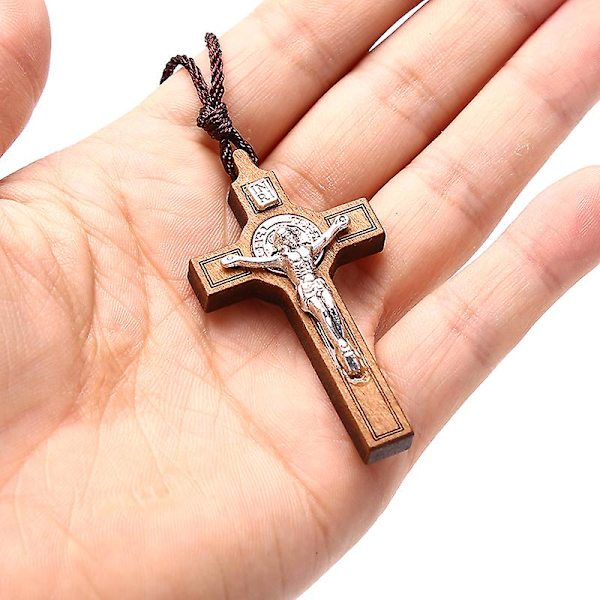 Retro Jesus Cross Halsband Trä Metall Hänge Smycken Charm Halsband Present [GGL] Brown 1PC