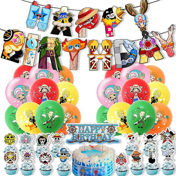 One Piece -syntymäpäiväkoristeet - kallolippu, kakkulippu, lippurivi, ilmapallokombo, syntymäpäiväkoristeet style B