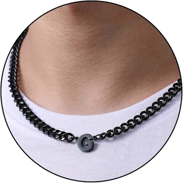 Initial A-Z Cuban Link Halskæde til Drenge Mænd Kvinder Bogstav Vedhæng Rustfrit Stål 6,5 mm 18+2 Tommer Smykkegave LGL Black G