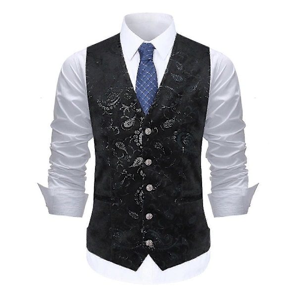 Allthemen Herr V-ringad Tryckt Business Casual Guld Silver Kostymväst LGL Black M