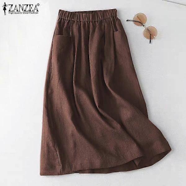 ZANZEA Dam Solid Färg Elastisk Midja Casual Bomull Långa Kjolar LGL beige L