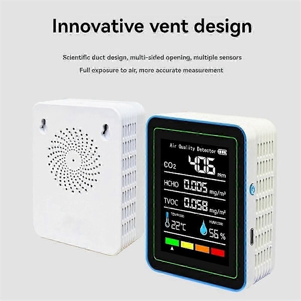 5-i-1 Luftkvalitetsmåler TVOC HCHO Temperatur Fugtighed CO2 Måler, USB Genopladelig CO2 Detektor Hvid LGL