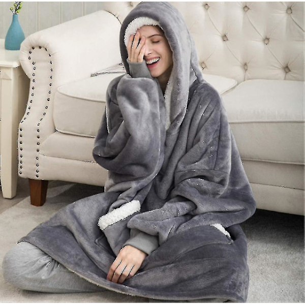 Genserteppe Oversized Hettegenser Brukbart Teppe Mykt Varmt Komfortabelt Stor Frontlomme LGL Grey